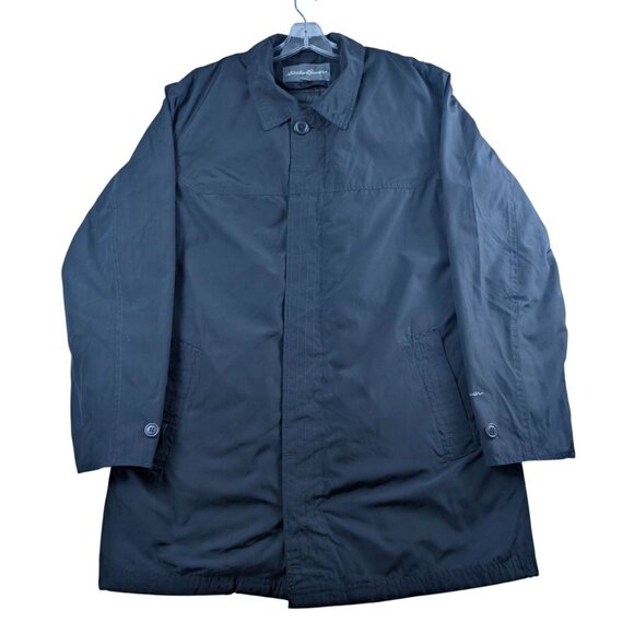 Eddie Bauer Jacket Men Large Tall Black Button Down Removable Liner Trench - Picture 1 of 13